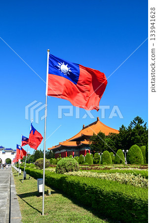 台灣旗幟在藍天中飄揚 133941628