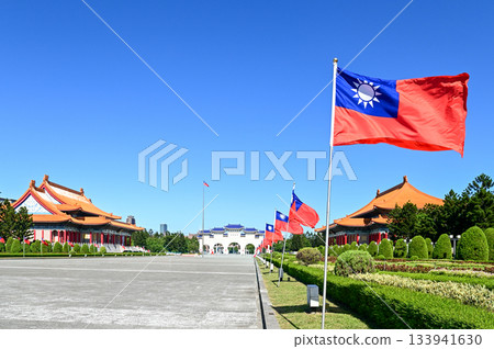台灣旗幟在藍天中飄揚 133941630