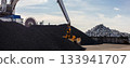 Large industrial crane loads dark coal piles bright sunny sky  backlight background. Metallic blocks and massive equipment storage site. Energy commodity industry global trade logistics business 133941707