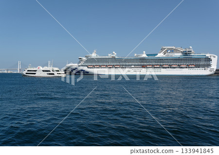 鑽石公主號停泊在橫濱大棧橋碼頭，而Marine Rouge號則從紅磚倉庫出發。 133941845