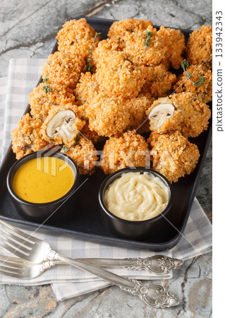 Crispy Fried Mushrooms in breadcrumbs served with sauces close-up in a plate. Vertical Crispy Fried Mushrooms in breadcrumbs served with sauces close-up in a plate. Vertical 133942343