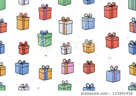 Gift reveal. Seamless pattern. Bright gift boxes. Hand drawn. Minimalist style. Gift reveal. Seamless pattern. Bright gift boxes. Hand drawn. Minimalist style. 133942456