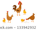 Set of farm domestic birds families in simple flat style isolated on white. Brown hens, rooster and chicks. Parents feeding offspring. Great for kids content, nursery prints, farm and animal designs 133942932