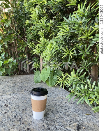 coffee cup on stone table with green foliage coffee cup on stone table with green foliage 133943065