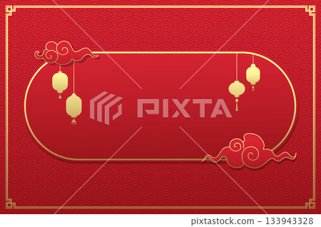 Chinese New Year template background with golden Asian clouds, lanterns and wave pattern. Vector illustration 133943328