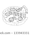 Vector illustration of a pizza topped with salami slices and fresh basil leaves, with a lifted piece showing melted cheese. Suitable for menus, recipe cards, food packaging and italian-themed graphics Vector illustration of a pizza topped with salami slices and fresh basil leaves, with a lifted piece showing melted cheese. Suitable for menus, recipe cards, food packaging and italian-themed graphics 133943331