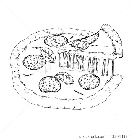 Vector illustration of a pizza topped with salami slices and fresh basil leaves, with a lifted piece showing melted cheese. Suitable for menus, recipe cards, food packaging and italian-themed graphics Vector illustration of a pizza topped with salami slices and fresh basil leaves, with a lifted piece showing melted cheese. Suitable for menus, recipe cards, food packaging and italian-themed graphics 133943331