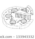 Vector illustration of a pizza topped with salami slices, mushrooms, with one piece lifted to show melted cheese stretching. Suitable for menu graphics, recipe ideas, food packaging, pizzeria branding Vector illustration of a pizza topped with salami slices, mushrooms, with one piece lifted to show melted cheese stretching. Suitable for menu graphics, recipe ideas, food packaging, pizzeria branding 133943332