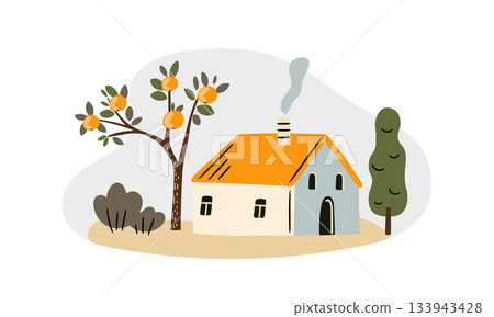 rural scene of house with tree, illustration in flat style	 133943428