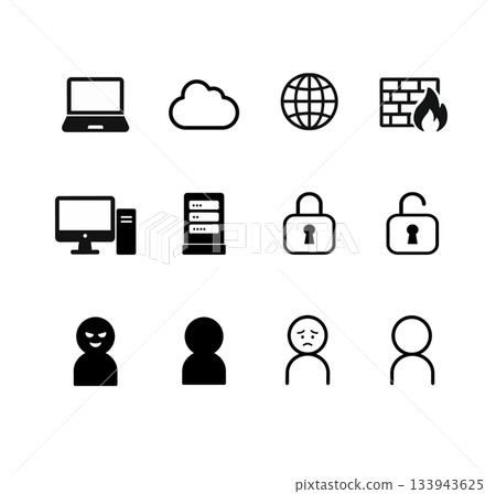 網路相關圖示：電腦、雲端、網際網路、伺服器、防火牆、金鑰 133943625