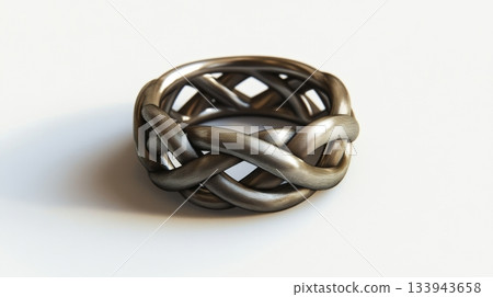 A beautifully crafted silver ring with intricate woven designs. Its unique form showcases both elegance and creativity. Perfect for jewelry enthusiasts. Generative AI 133943658