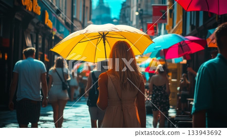 A vibrant street scene filled with colorful umbrellas. The sunlight casts warm shadows. People enjoy a beautiful day outdoors. Generative AI 133943692