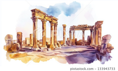 Roman ruins of Timgad. Roman ruins of Timgad hand drawn watercolor illustration on white background Roman ruins of Timgad. Roman ruins of Timgad hand drawn watercolor illustration on white background 133943733