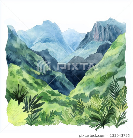 Rwenzori Mountains. Rwenzori Mountains hand drawn watercolor illustration on white background 133943735