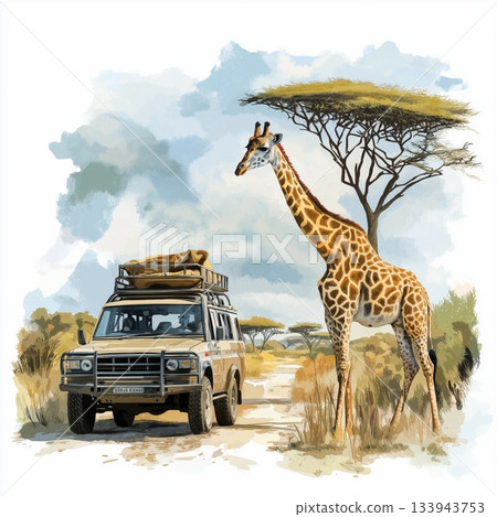 Selous Game Reserve. Selous Game Reserve hand drawn watercolor illustration on white background Selous Game Reserve. Selous Game Reserve hand drawn watercolor illustration on white background 133943753
