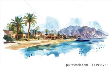 Sharm El Sheikh and Ras Mohammed National Park. Sharm El Sheikh and Ras Mohammed National Park hand drawn watercolor illustration on white background Sharm El Sheikh and Ras Mohammed National Park. Sharm El Sheikh and Ras Mohammed National Park hand drawn watercolor illustration on white background 133943758
