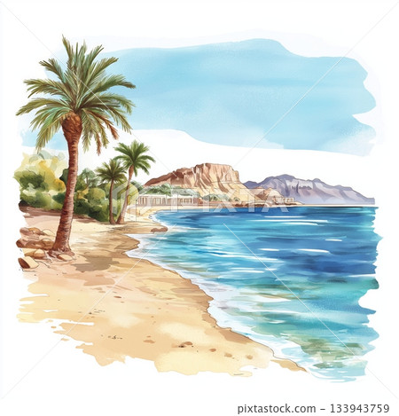 Sharm El Sheikh and Ras Mohammed National Park. Sharm El Sheikh and Ras Mohammed National Park hand drawn watercolor illustration on white background Sharm El Sheikh and Ras Mohammed National Park. Sharm El Sheikh and Ras Mohammed National Park hand drawn watercolor illustration on white background 133943759