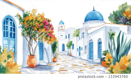 Sidi Bou Said. Sidi Bou Said hand drawn watercolor illustration on white background 133943760
