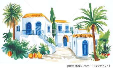 Sidi Bou Said. Sidi Bou Said hand drawn watercolor illustration on white background 133943761