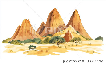 Sindou Peaks. Sindou Peaks hand drawn watercolor illustration on white background Sindou Peaks. Sindou Peaks hand drawn watercolor illustration on white background 133943764