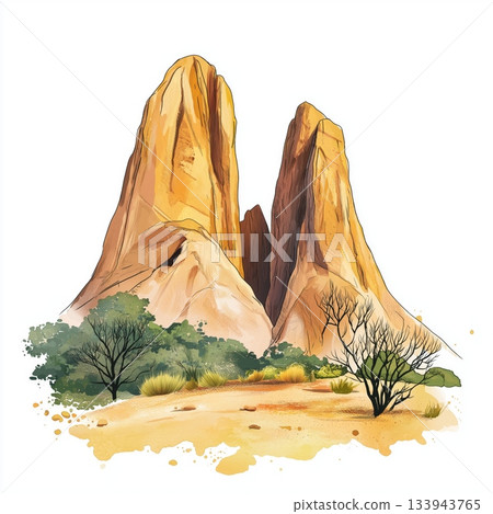 Sindou Peaks. Sindou Peaks hand drawn watercolor illustration on white background Sindou Peaks. Sindou Peaks hand drawn watercolor illustration on white background 133943765