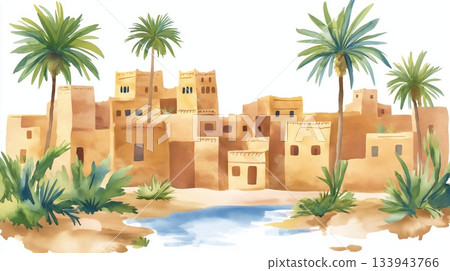 Siwa Oasis. Siwa Oasis hand drawn watercolor illustration on white background Siwa Oasis. Siwa Oasis hand drawn watercolor illustration on white background 133943766
