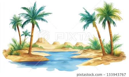 Siwa Oasis. Siwa Oasis hand drawn watercolor illustration on white background Siwa Oasis. Siwa Oasis hand drawn watercolor illustration on white background 133943767