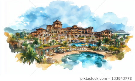 Sun City Resort. Sun City Resort hand drawn watercolor illustration on white background 133943778