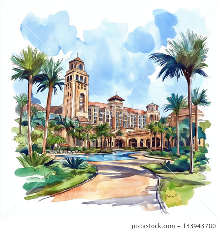 Sun City Resort. Sun City Resort hand drawn watercolor illustration on white background 133943780