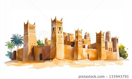 Timbuktu. Timbuktu hand drawn watercolor illustration on white background 133943791