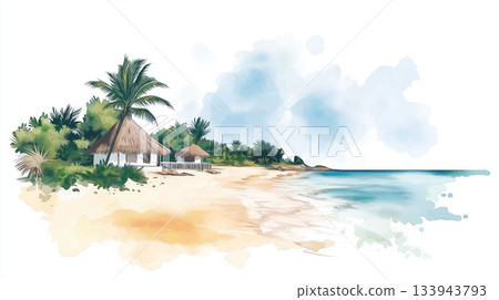 Tofo Beach. Tofo Beach hand drawn watercolor illustration on white background Tofo Beach. Tofo Beach hand drawn watercolor illustration on white background 133943793