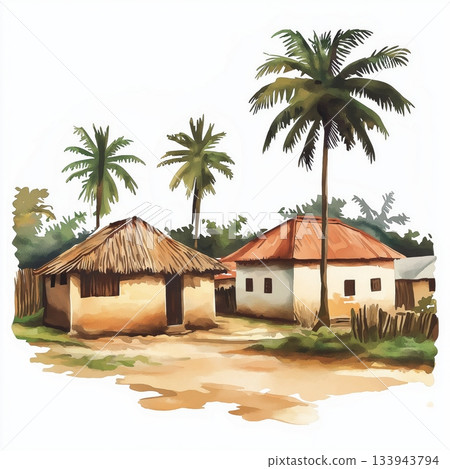 Togoville. Togoville hand drawn watercolor illustration on white background Togoville. Togoville hand drawn watercolor illustration on white background 133943794