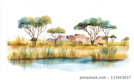 Zakouma National Park. Zakouma National Park hand drawn watercolor illustration on white background Zakouma National Park. Zakouma National Park hand drawn watercolor illustration on white background 133943837