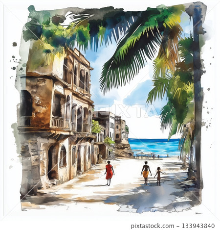 Zanzibar. Zanzibar hand drawn watercolor illustration on white background 133943840