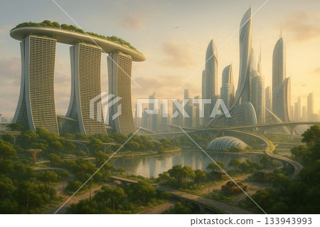 這是一個面向新加坡的可持續發展概念，描繪了一個未來主義的生態城市景觀，其中自然與尖端建築和諧共存。 133943993