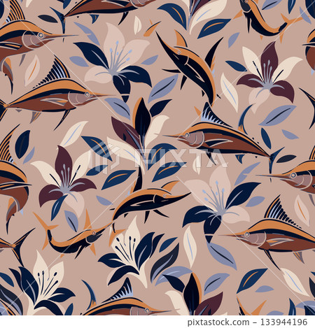 Luxury conversational vector seamless pattern combining game fish and botanical Asiatic lilies. Perfect for swimwear, resort apparel, home textiles. 133944196