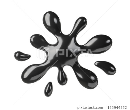 Glossy 3d Black reflective chrome liquid shapes, Ink Splash, fluid elements, splashing blob. Dynamic amorphous elements. 3d Render melting metal steel liquid molds.  133944352