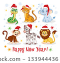 Christmas African jungle animals in a Santa hat, snake, panther, elephant, monkey, zebra, lion. Funny new year characters, cute animals, holiday mascot, Santa team, vector cartoon flat isolated set 133944436