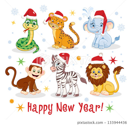 Christmas African jungle animals in a Santa hat, snake, panther, elephant, monkey, zebra, lion. Funny new year characters, cute animals, holiday mascot, Santa team, vector cartoon flat isolated set Christmas African jungle animals in a Santa hat, snake, panther, elephant, monkey, zebra, lion. Funny new year characters, cute animals, holiday mascot, Santa team, vector cartoon flat isolated set 133944436