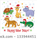 Christmas African jungle animals in a Santa hat, turtle, giraffe, hippopotamus, tiger, crocodile. Funny new year characters, cute animals, holiday mascot, Santa team, vector cartoon flat isolated set 133944451
