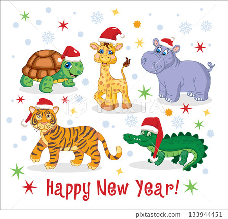 Christmas African jungle animals in a Santa hat, turtle, giraffe, hippopotamus, tiger, crocodile. Funny new year characters, cute animals, holiday mascot, Santa team, vector cartoon flat isolated set Christmas African jungle animals in a Santa hat, turtle, giraffe, hippopotamus, tiger, crocodile. Funny new year characters, cute animals, holiday mascot, Santa team, vector cartoon flat isolated set 133944451