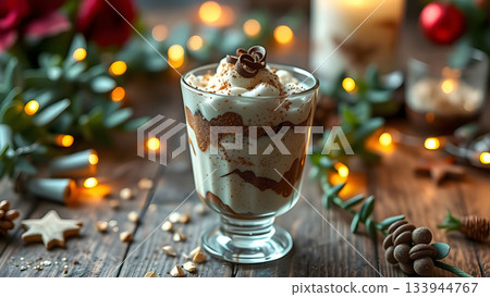 A festive layered dessert in a glass, topped with chocolate curls, sits amidst holiday decorations and warm glowing lights 133944767
