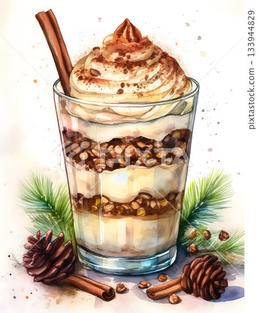 Watercolor dessert parfait with layers of cream, granola, and cocoa, garnished with cinnamon and pine Watercolor dessert parfait with layers of cream, granola, and cocoa, garnished with cinnamon and pine 133944829