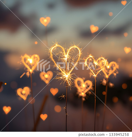 Heart-shaped sparklers, glowing, festive, celebration, Valentine's Day, love, romantic, magical, night, dark, sparks, light 133945258