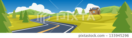 Horizontal or Landscape view of asphalt curved road. Road that passes through spring grass. Trees growing everywhere. House with a lone chimney on a hillside. Background of mountain and sky. Horizontal or Landscape view of asphalt curved road. Road that passes through spring grass. Trees growing everywhere. House with a lone chimney on a hillside. Background of mountain and sky. 133945296