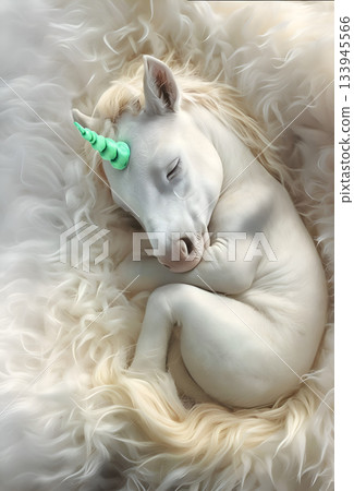 beautiful white Unicorn baby with azure  horn  sleeping on white fur cover. Digital artwork.  Ai generated 133945566