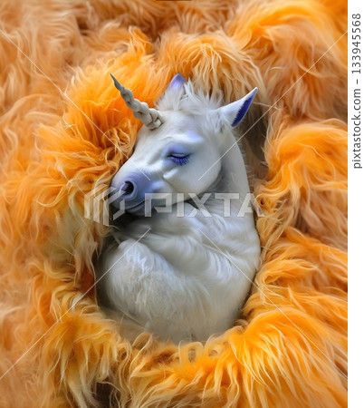 cute white Unicorn baby  sleeping on orange fur cover. Digital artwork.  Ai generated 133945568