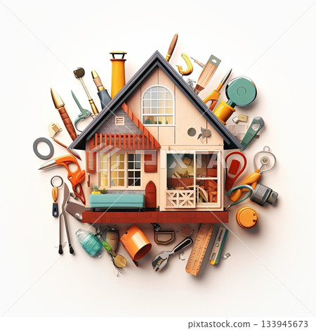 Home Improvement House with Tools and Equipment in a Creative Concept, Repair and Renovation Home Improvement House with Tools and Equipment in a Creative Concept, Repair and Renovation 133945673