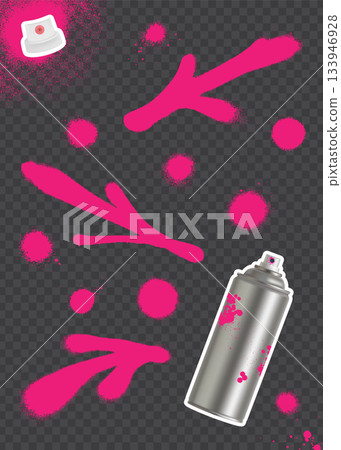Spray paint streaks and drips with metallic aerosol can on transparent background. 133946928
