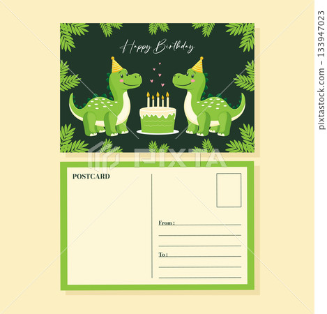 Happy Birthday Postcard Two Cute Dinosaur Characters Celebration 133947023